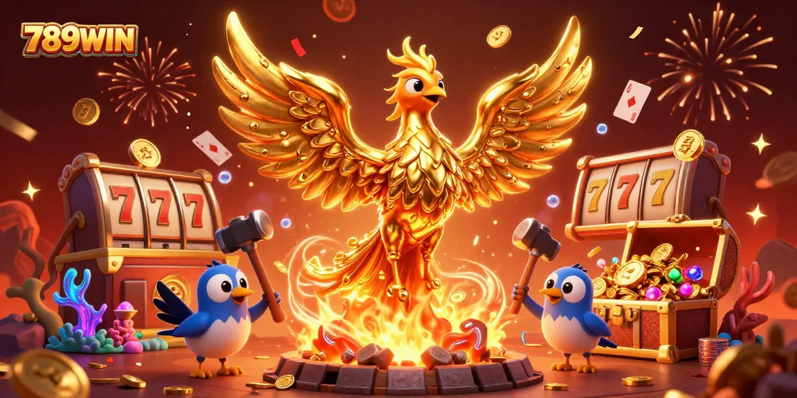 Win big with 789WIN as molten gold coins and a phoenix soar in a vibrant casino scene.