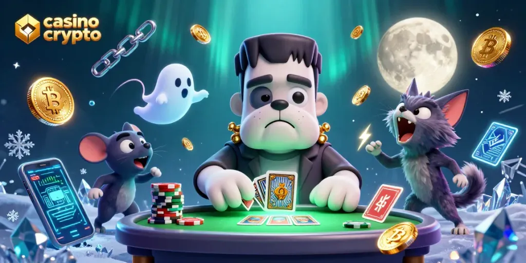 Gioca nel casino crypto con il mostro bulldog e il gattino lupo in un'atmosfera illuminata.