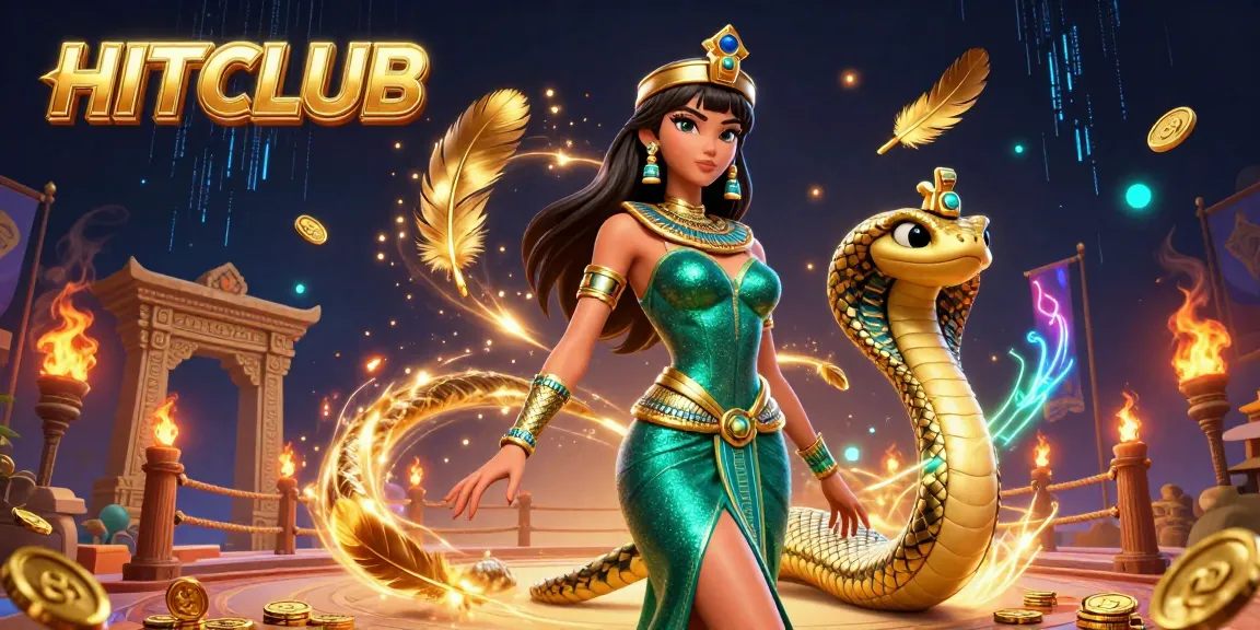Engage with HITCLUB's immersive gaming scene, showcasing a dazzling woman and golden cobra amidst dynamic casino elements.