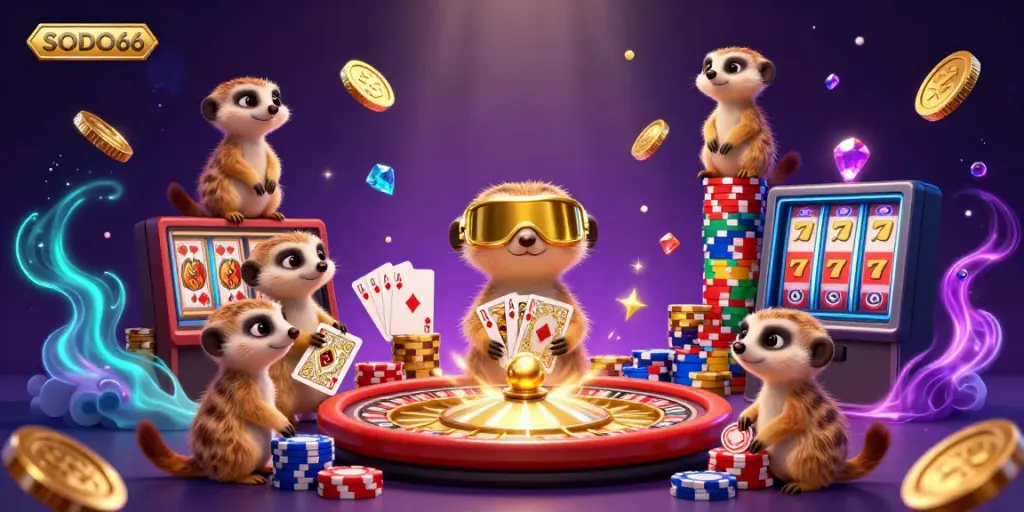 Engage in thrilling games at SODO66 with colorful immersive casino operations featuring meerkats.