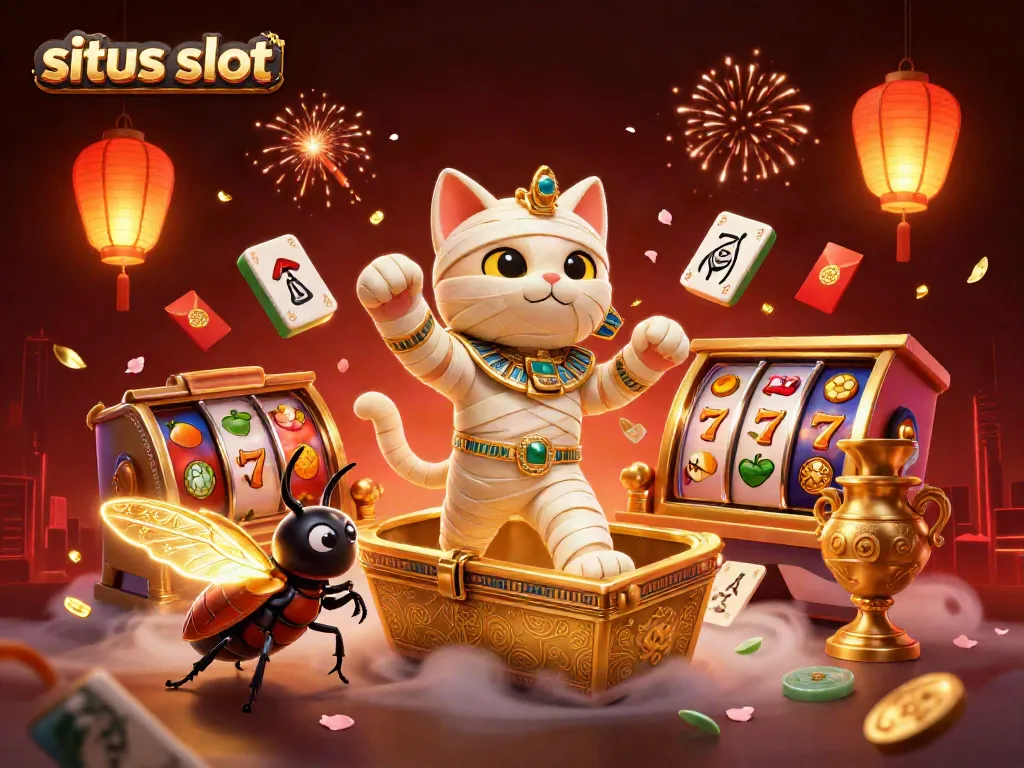 Experience excitement at situs slot with a cartoon mummy cat and spinning slot reels in a vibrant casino.