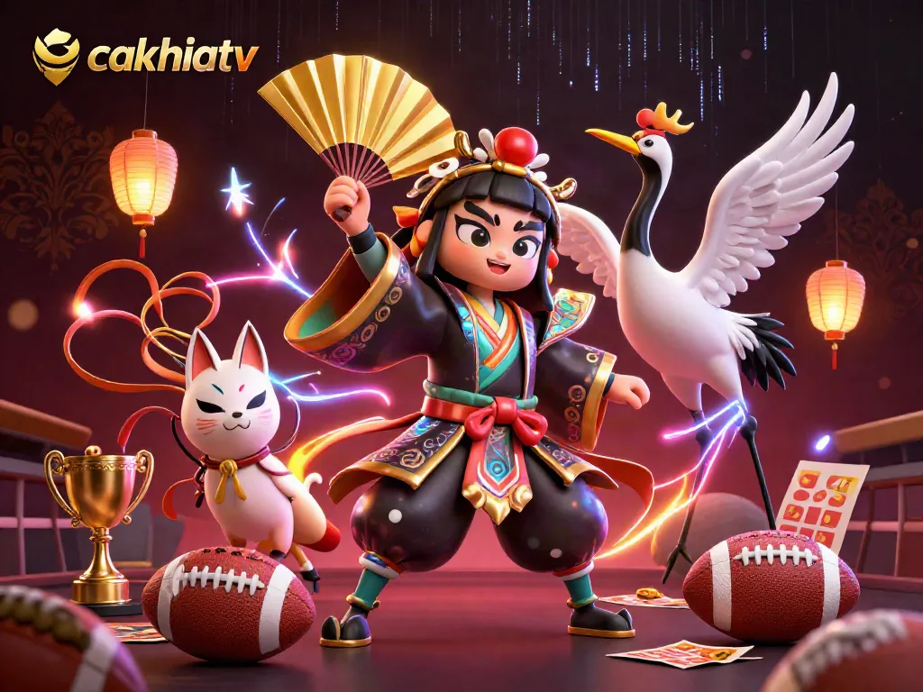 CakhiaTV showcases an animated kabuki warrior and kitsune celebrating sports betting victories.