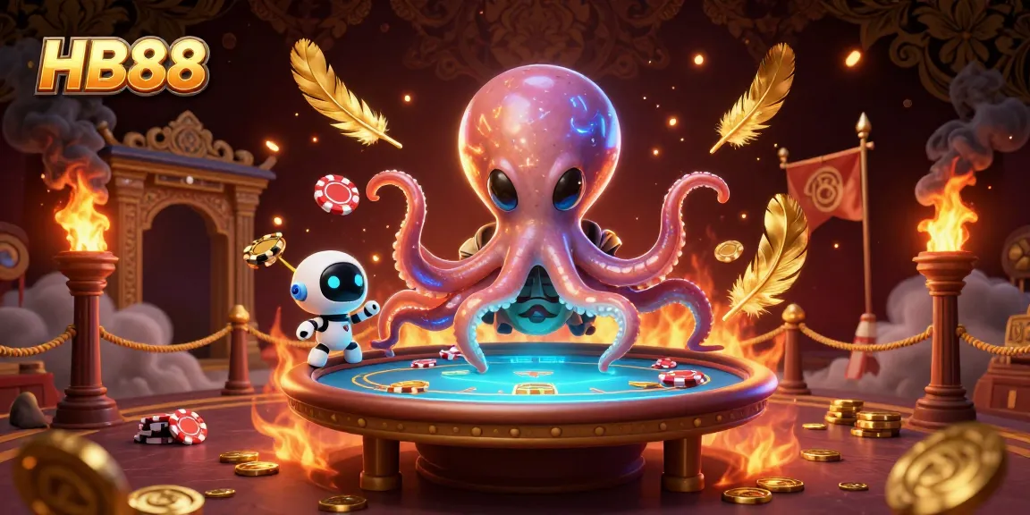 HB88 alien octopus mastering poker with dynamic casino elements in a vibrant scene
