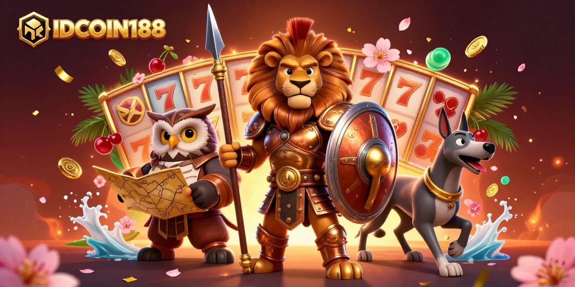 Experience the excitement of IDCOIN188 through this vibrant illustration of a Spartan lion and gaming elements.