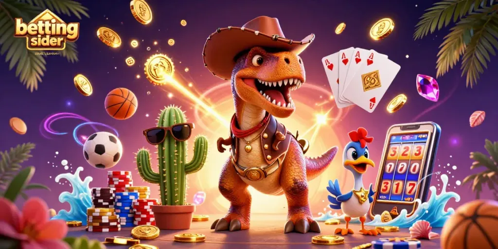 Engage with betting sider uden dansk licens in a vibrant casino scene featuring a T-Rex, cactus, and roadrunner.