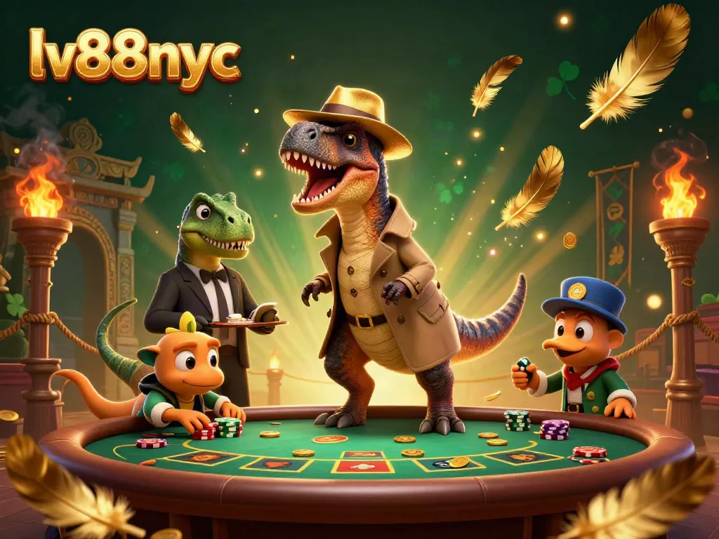 Experience the excitement of lv88nyc with a colorful casino scene featuring a velociraptor card counter.