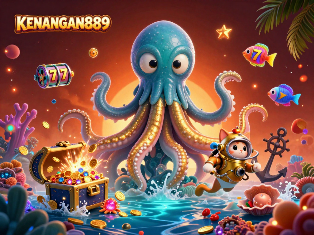 Engage with KENANGAN889’s vibrant casino scene featuring a kraken, vintage diving cat, and jackpot slots.