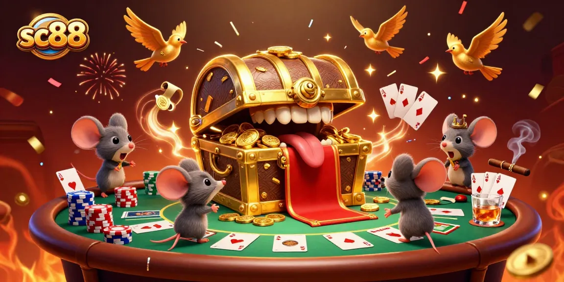 Engage with sc88's captivating poker scene featuring a golden treasure chest and vibrant casino elements.
