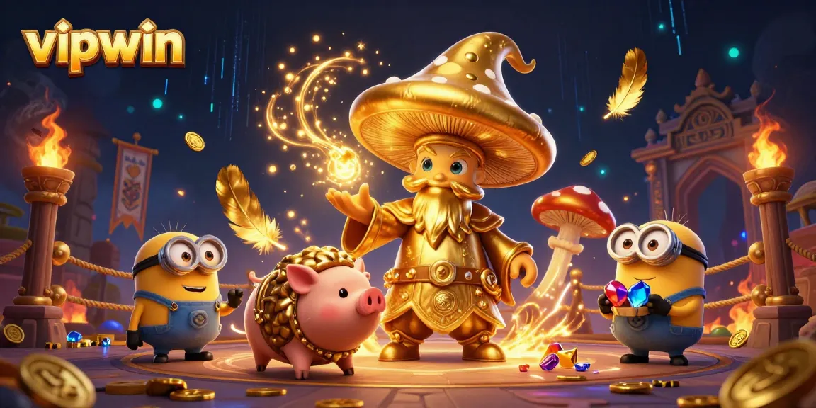 Experience thrilling gameplay at vipwin with a magical golden wizard and treasures in a captivating casino scene.