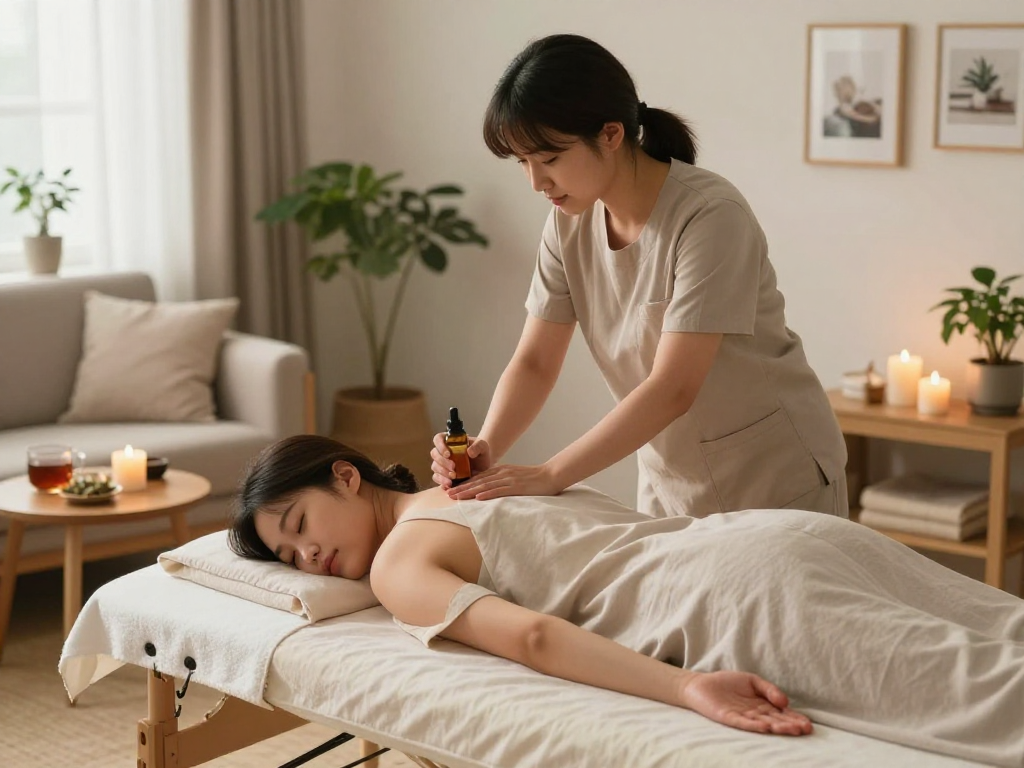Enjoying a soothing 안양출장마사지 at home with a professional therapist.