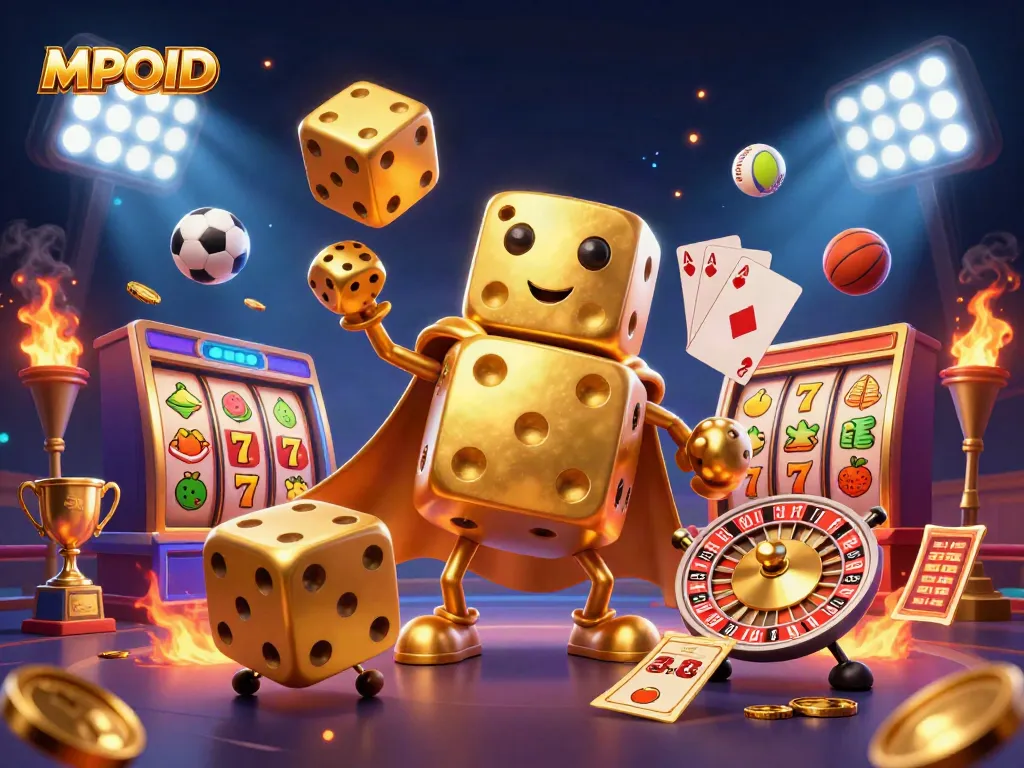 MPOID showcases a dynamic casino scene with a golden dice golem and vibrant slot machine elements for exciting gameplay.
