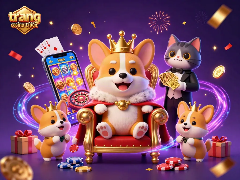 Hình ảnh trang casino trực tuyến với chú chó corgi hoàng gia chơi bài và cat butler phục vụ thẻ vàng.