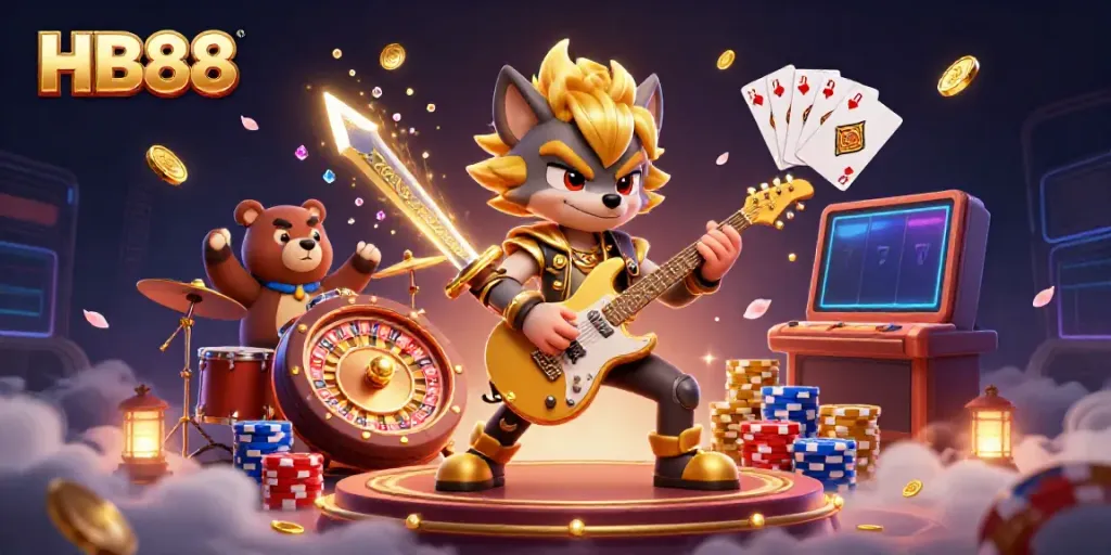 Experience the thrilling energy of HB88 with this vibrant casino scene featuring a rock star wolf and drummer bear.