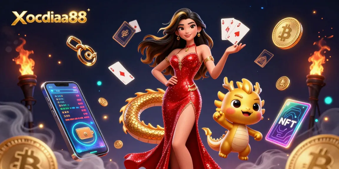 Xocdiaa88 engaging in online gambling with floating coins and vibrant casino elements
