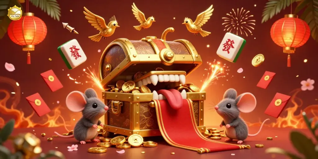Engaging scene showcasing Nhà Cái Uy Tín, with a treasure chest attracting adventurer mice amidst golden coins, jade, and festive gaming elements.