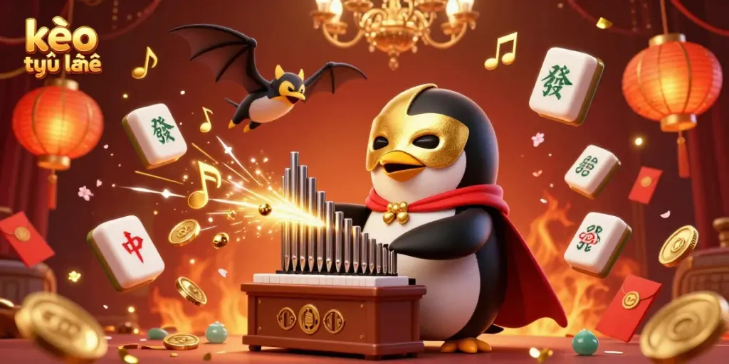 Engage in kèo trực tuyến with a vibrant casino scene featuring a penguin playing a golden pipe organ amidst fortune symbols.