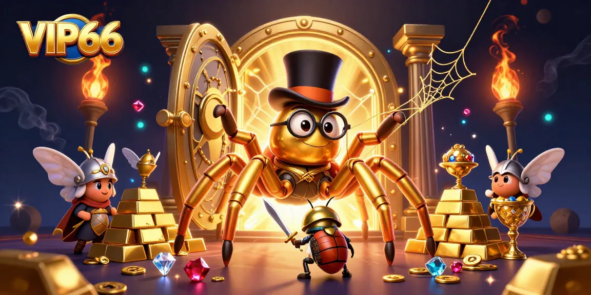 Spin and win at VIP66 with a colorful scene featuring a golden tarantula, a knight, and dazzling treasures.