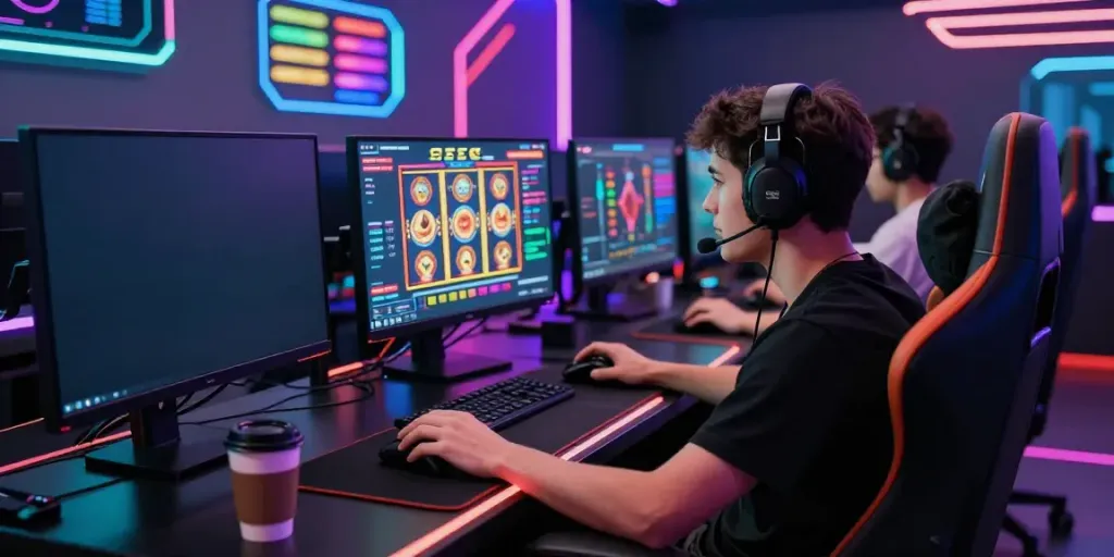 Gamer engrossed in bro138 online slot games with vibrant graphics and modern setup.