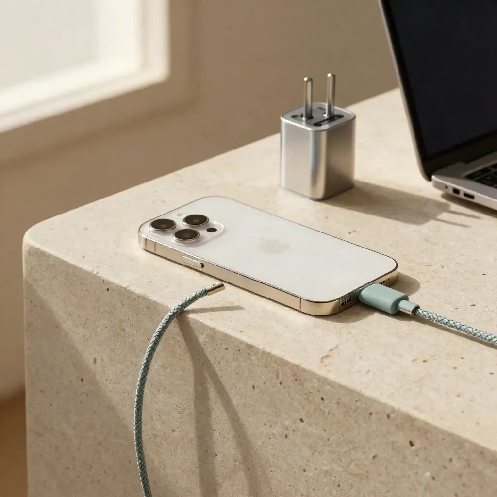 iPhone 15 charging with braided USB-C cable and charger on a pale stone counter beside a laptop