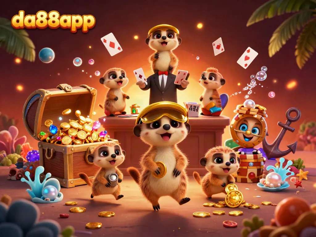 Engage with da88app's online casino excitement featuring meerkats in a vibrant casino scene.