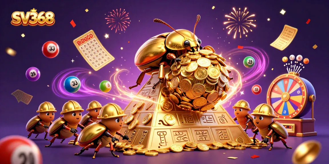 Join the excitement at SV368 with dynamic lottery balls and a golden beetle in a festive casino scene.