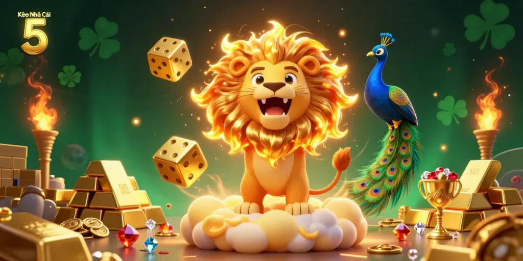 Engage with Kèo Nhà Cái 5 in an exciting 3D casino scene full of golden dice and treasure, showcasing thrilling sports betting.