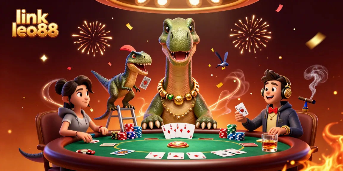 Engage with link leo88 at the lively poker table under a playful dinosaur and raptor dealer.