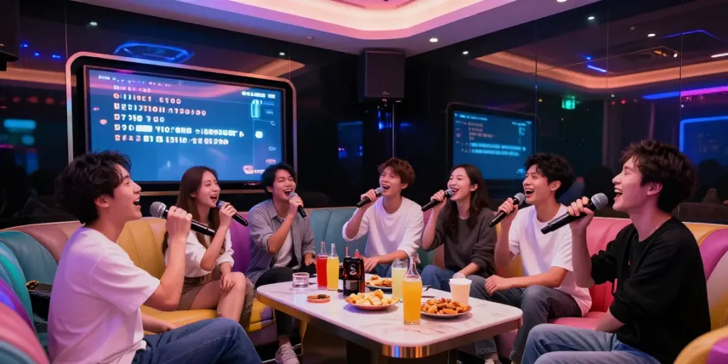 달토의 현대적인 노래방에서 친구들이 즐겁게 노래 부르는 모습