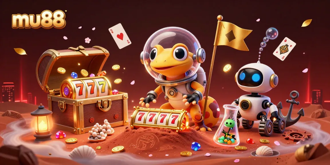 Experience excitement at mu88 with a Martian gecko discovering a golden casino in a dynamic scene.