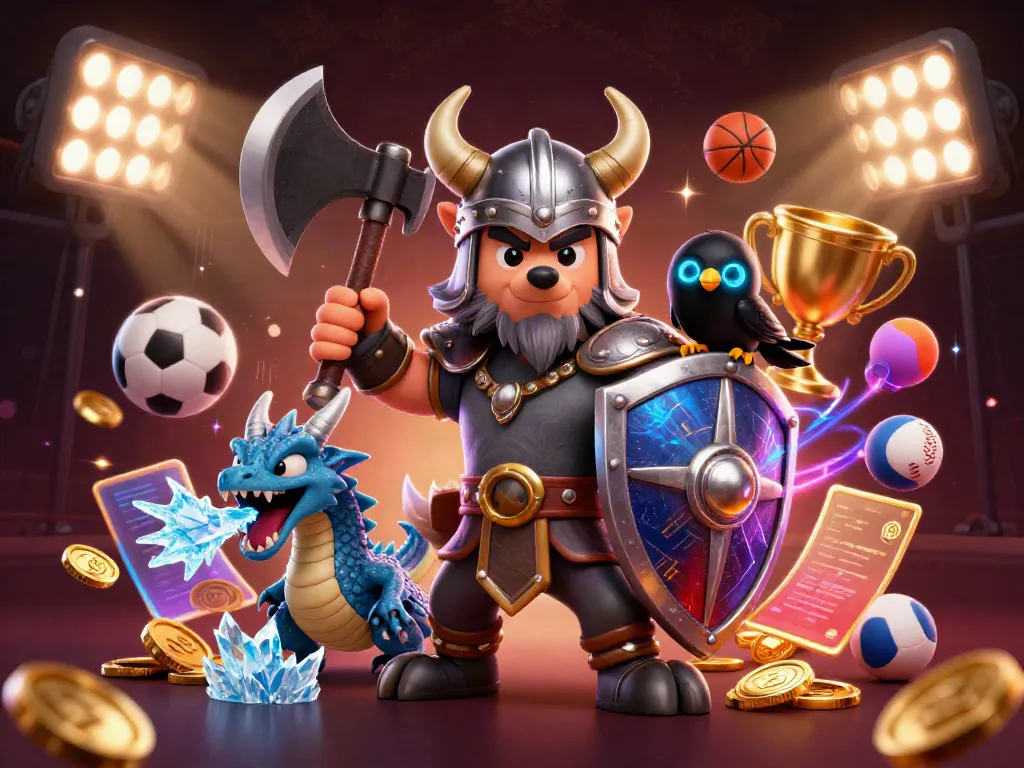 Engage in the exciting world of NK88 CASINO with a dynamic cartoon scene of a Viking warrior, fierce dragon, and raven amidst flying sports elements.