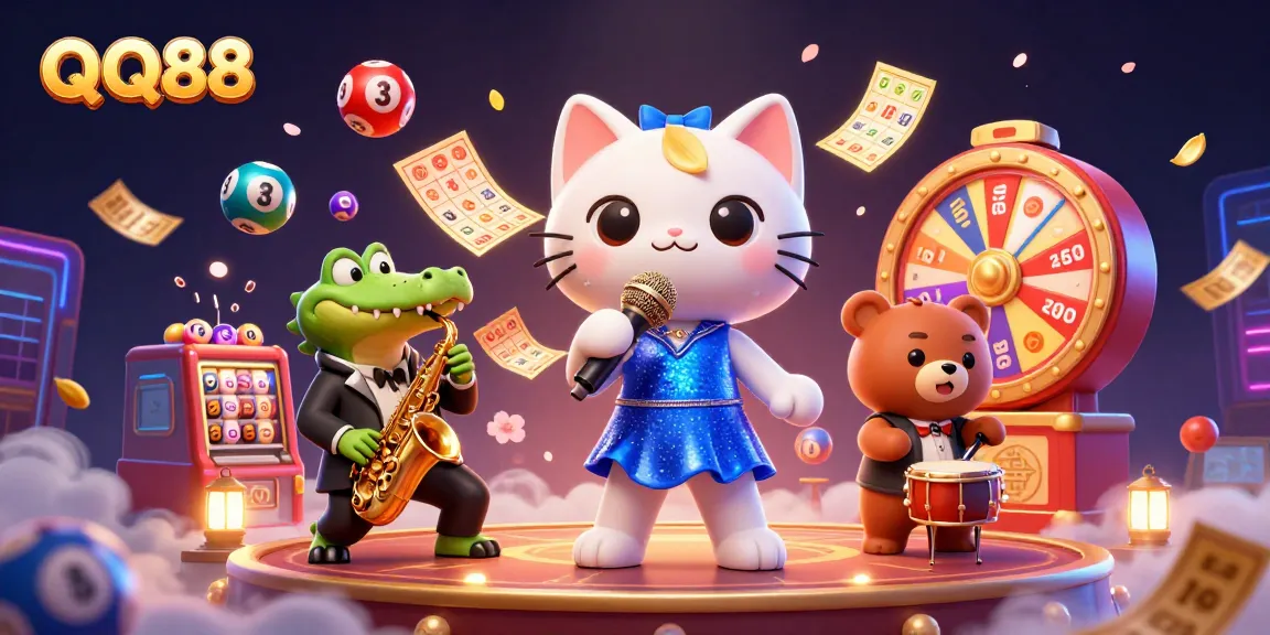 Experience the excitement of QQ88 with dynamic lottery elements and colorful characters in a vibrant casino scene.