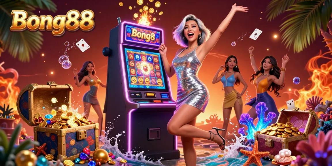 Bong88 players celebrating a jackpot with coins erupting, vibrant casino illumination showcasing entertainment.
