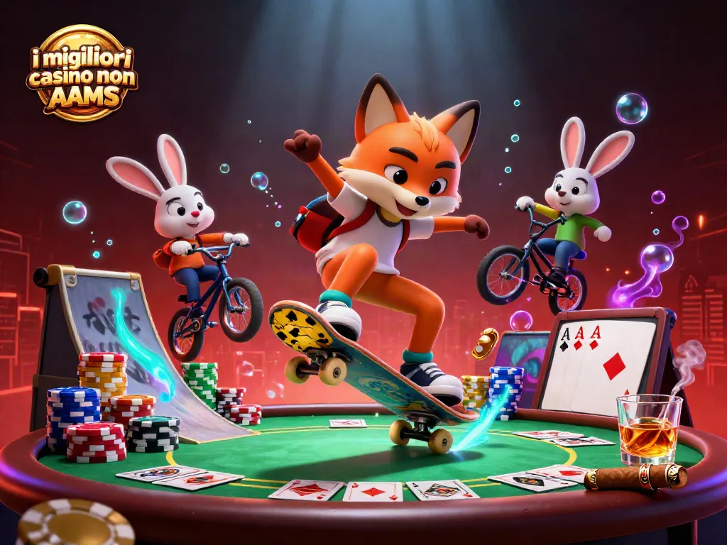 Scopri i migliori casino non AAMS con il fox skateboarder e il coniglio BMX tra le chips dorate.