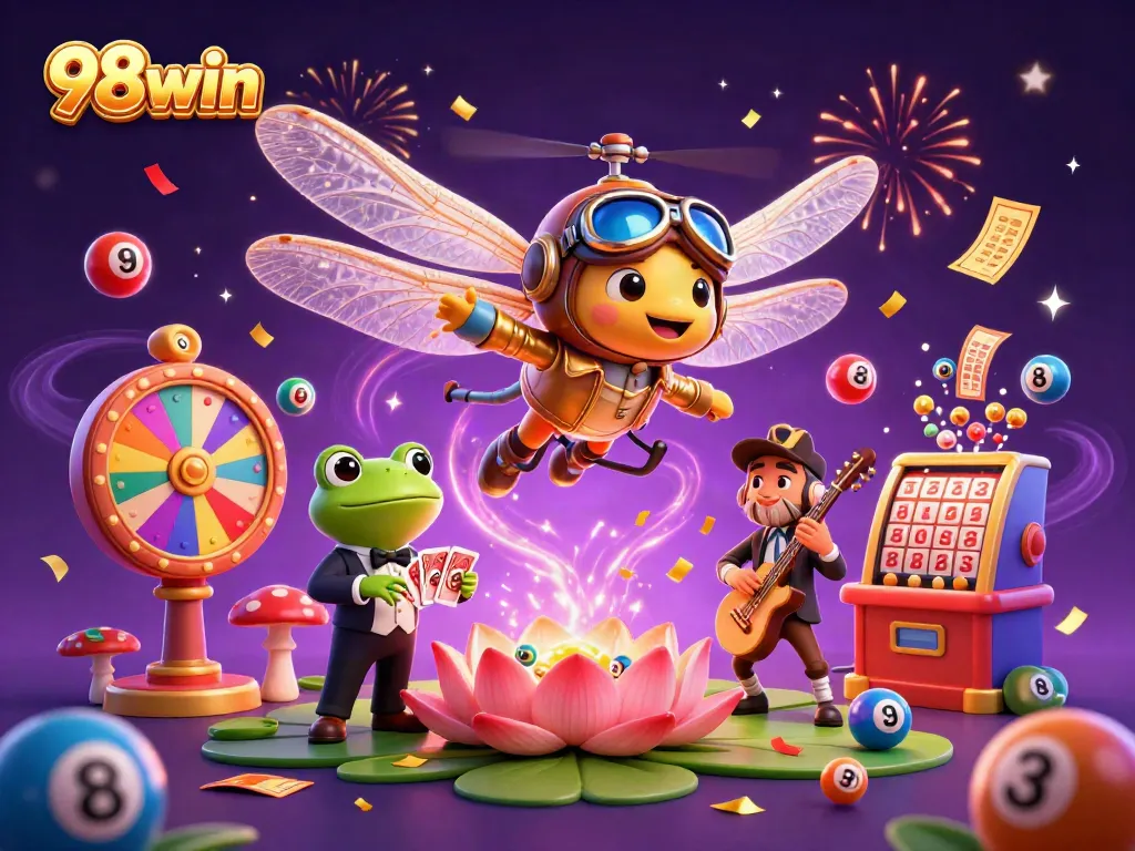 Experience the vibrant world of gaming with 98win, featuring a dragonfly pilot and frog dealer in a lively casino scene.