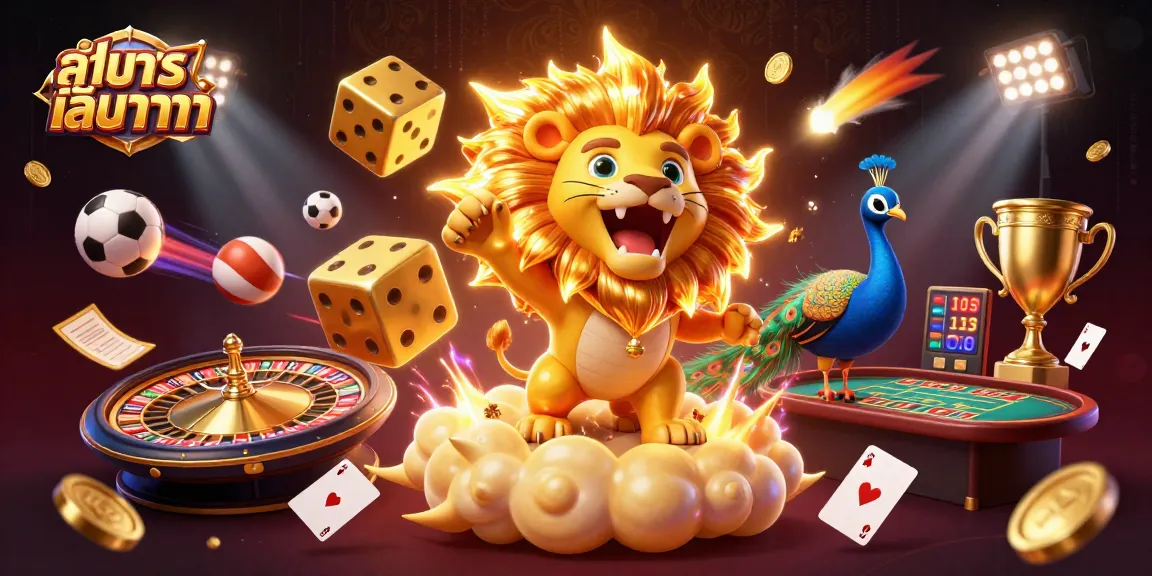 Engage in ทดลองเล่นบาคาร่า with an exciting scene of a lion, dice, and vibrant casino elements.