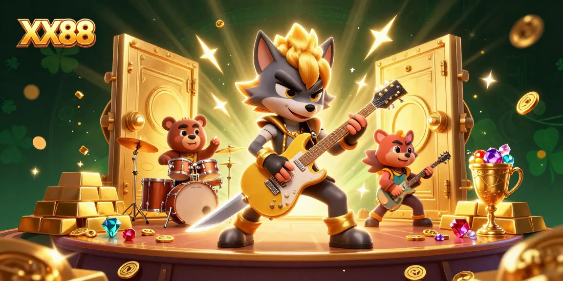 Join the fun at XX88 as the wolf hits a golden guitar on a vibrant casino stage!
