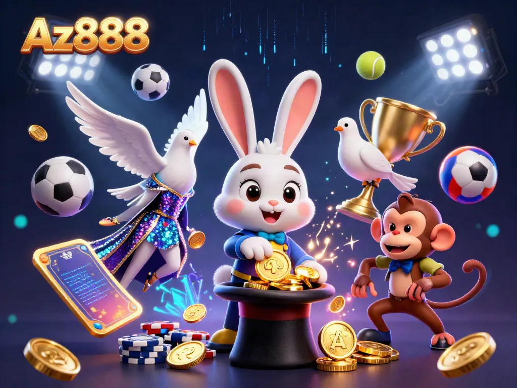 Experience the vibrant world of Az888 with our 3D magician rabbit conjuring winning coins in a dynamic casino scene.