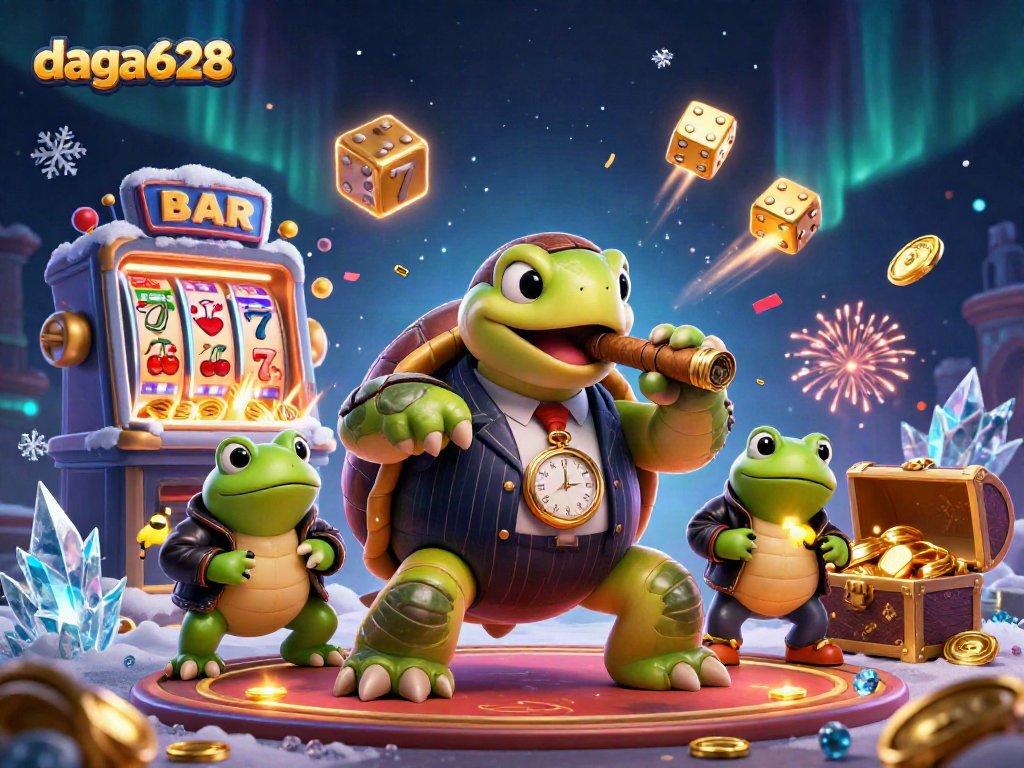 daga628 showcases an energetic casino scene with a cartoon turtle in mobster attire and slot machines bursting coins.