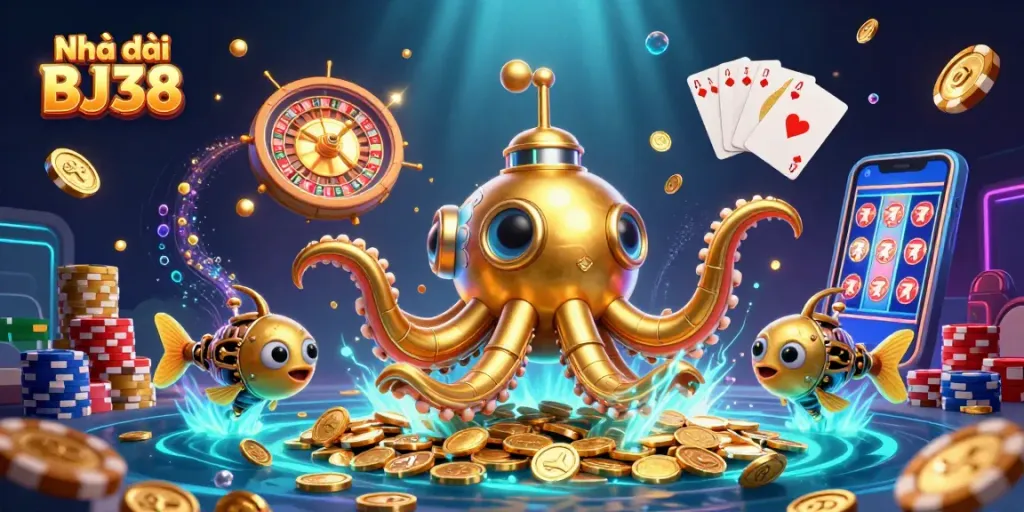 Experience thrilling gameplay at Nhà cái BJ38 with vibrant 3D casino elements, golden coins, and classic cards.