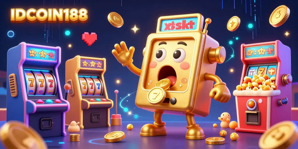 IDCOIN188 slot machine hits a jackpot, with cheering slot siblings and popcorn machine sidekick.