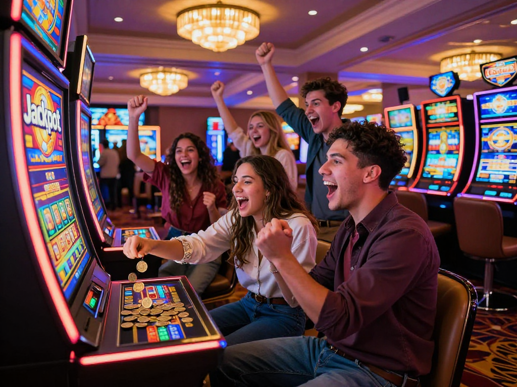 Group celebrating a slot jackpot win at a vibrant casino, dynamic excitement, colorful machine.