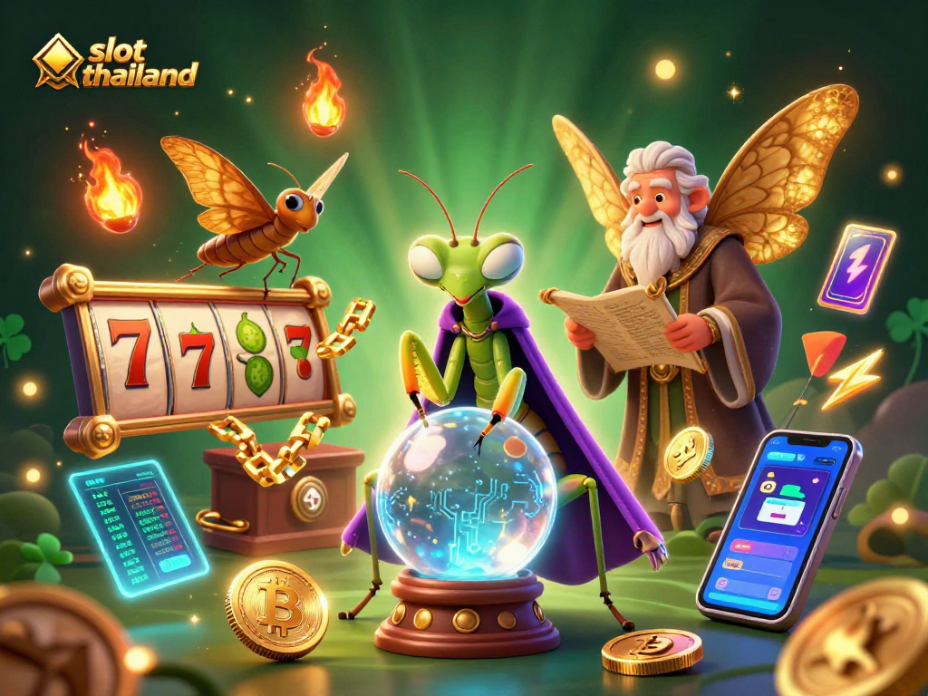 Engage with vibrant slot thailand scene featuring mystical fortune tellers and crypto elements in a casino.