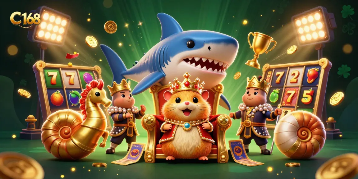 Experience thrilling jackpots at C168 with a dynamic scene of a hamster king surrounded by gaming elements.