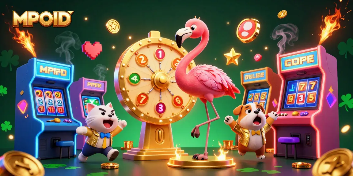 Engage with MPOID's exciting gaming experience as a flamingo host spins a prize wheel, surrounded by dynamic casino elements.