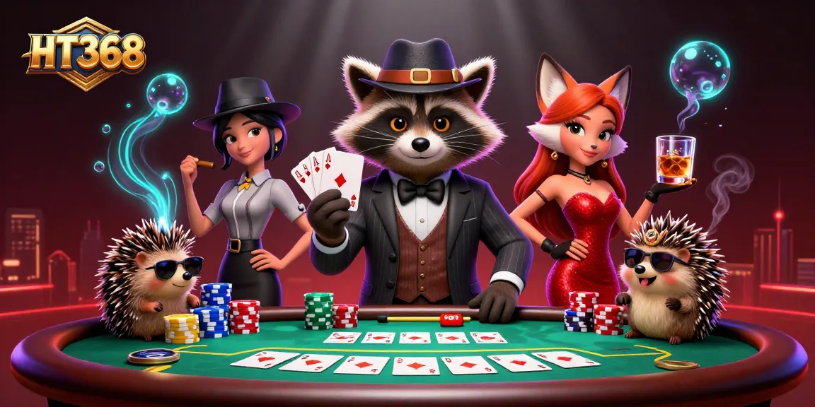 Experience thrilling poker action at HT368 with a suave raccoon and vibrant casino ambiance.