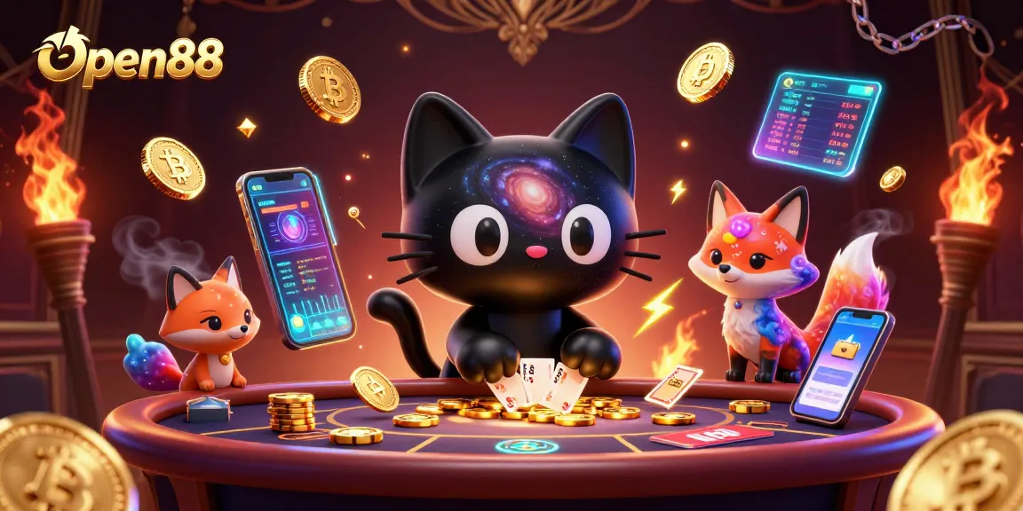 Experience Open88's cosmic casino adventure with animated characters and vibrant gaming elements.