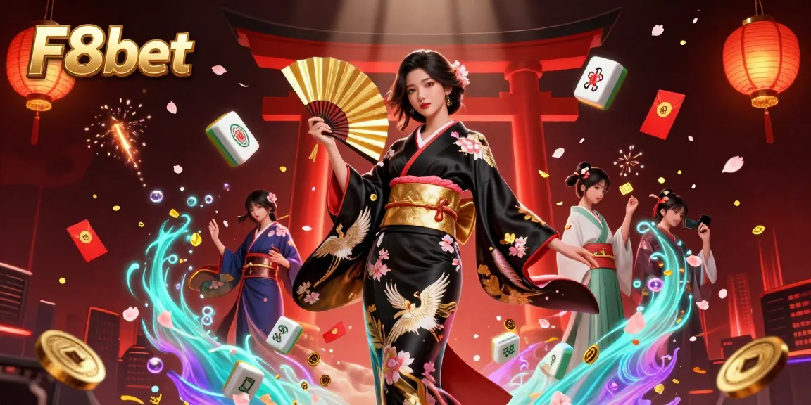 Experience thrilling games at F8bet with a dynamic gambling scene featuring floating mahjong tiles and a glowing red torii gate.