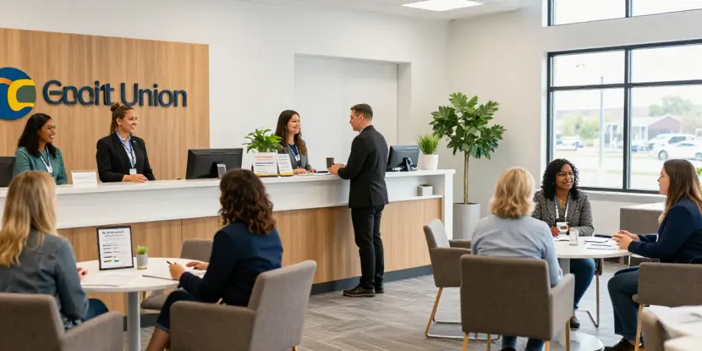Engaging scene at Trademark federal credit union office with staff assisting members.