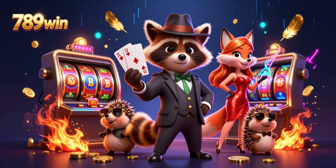 Play at 789win with charm as a raccoon holds a royal flush in a vibrant casino scene.