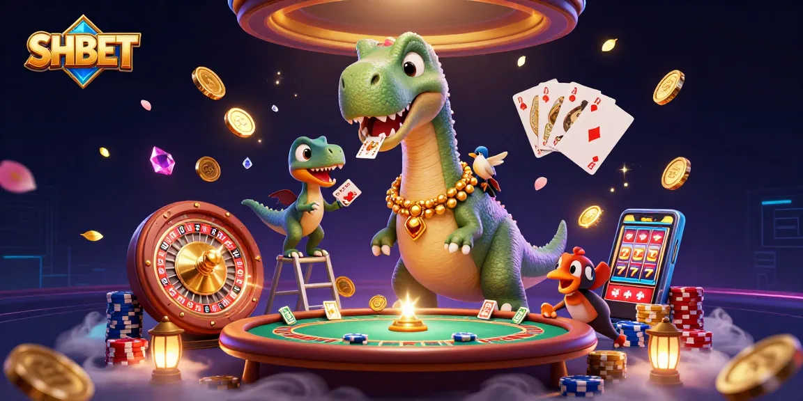 Experience thrilling casino fun with SHBET's vibrant illustration of a mystical brontosaurus above a poker table.